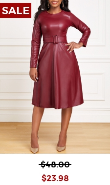 Faux Leather Belted Wine Red Boat Neck Dress