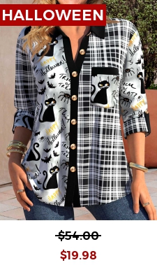 Halloween Print Patchwork Black Shirt Collar Blouse