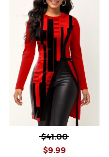 Geometric Print Split Red Round Neck T Shirt