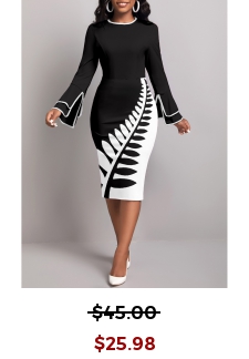 Leaf Print Split Black Long Sleeve Dress