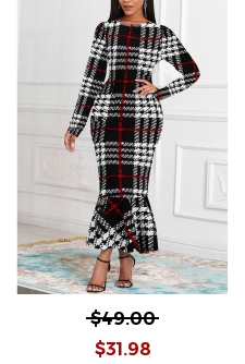 Plaid Mermaid Black Long Sleeve Round Neck Bodycon Dress