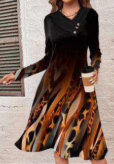 Leopard Button Black A Line V Neck Dress