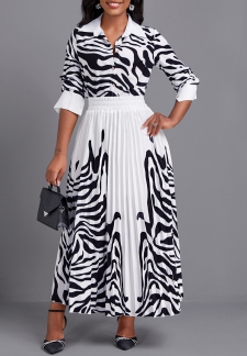 Zebra Stripe Print Pleated White Maxi Top and Skirt