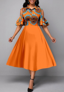Tribal Print Ruffle Orange Shirt Collar Dress