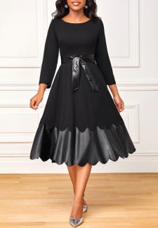 Belted 3/4 Sleeve Black Scalloped Hem Dress
