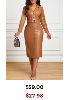 Light Coffee Belted Faux Leather Snap Button Dress