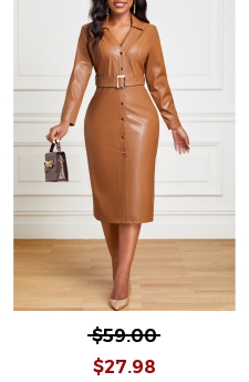 Light Coffee Belted Faux Leather Snap Button Dress