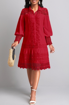 Lace Wine Red Long Sleeve Shirt Collar Shift Dress