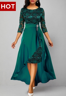 3/4 Sleeve Lace Patchwork Turquoise Dress