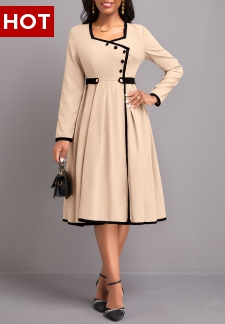 Light Camel Long Sleeve Contrast Binding Dress