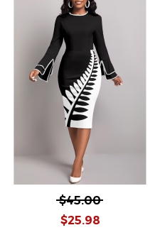 Leaf Print Split Black Long Sleeve Dress