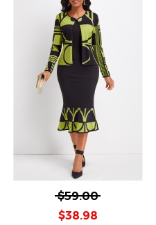 Geometric Print Mermaid Avocado Green Two Piece Suit Dress and Cardigan