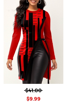 Geometric Print Split Red Round Neck T Shirt