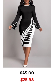 Leaf Print Split Black Long Sleeve Dress