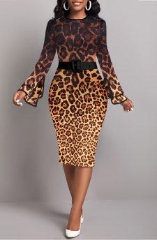 Leopard Contrast Binding Dark Coffee Bodycon Dress