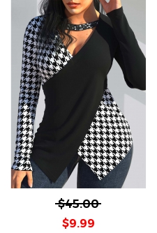 Houndstooth Print Sequin Black V Neck T Shirt