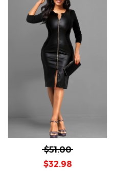 Vegan Leather Round Neck Black Bodycon Dress
