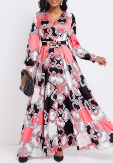 Geometric Print Umbrella Hem Pink Maxi Dress