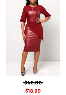 Wine Red Button Frill Half Sleeve Dress