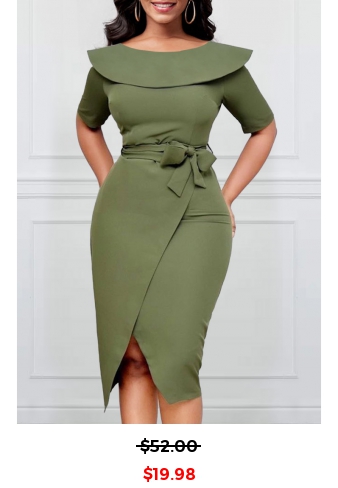 Belted Sage Green Sailor Collar Bodycon Dress