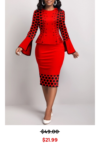 Geometric Print Fake 2in1 Red Bodycon Dress
