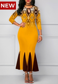 Tribal Print Mermaid Ginger Round Neck Bodycon Dress