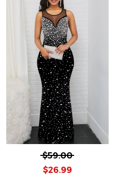White Polka Dot Mesh Black Sleeveless Maxi Bodycon Dress