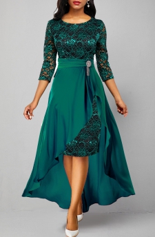 3/4 Sleeve Lace Patchwork Turquoise Dress