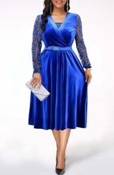Royal Blue Long Sleeve Embroidery Dress