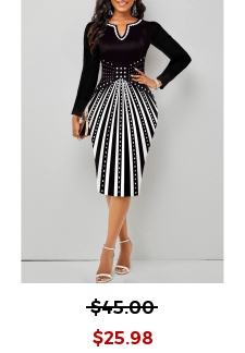 Geometric Print Split Black Long Sleeve Bodycon Dress