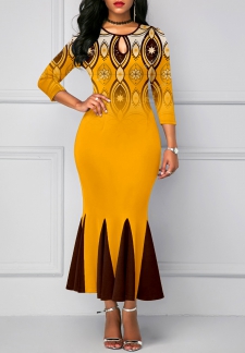 Tribal Print Mermaid Ginger Round Neck Bodycon Dress