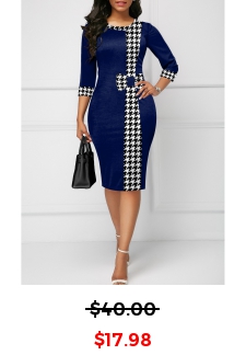 Houndstooth Print Bowknot Navy Knee Length Bodycon Dress