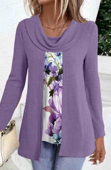 Floral Print Fake 2in1 Purple T Shirt