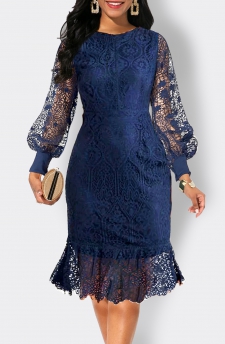 Lace Scoop Neck Long Sleeve Navy Bodycon Dress