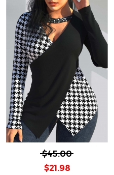 Houndstooth Print Sequin Black V Neck T Shirt