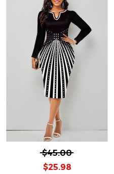 Geometric Print Split Black Long Sleeve Bodycon Dress