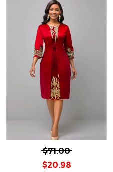 Round Neck 3/4 Sleeve Embroidered Red Dress