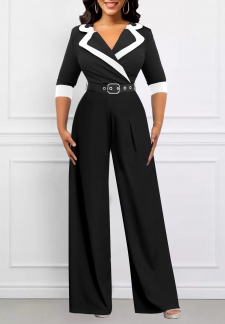 Lapel Patchwork Belted Black Long Jumpsuit