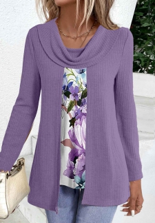 Floral Print Fake 2in1 Purple T Shirt