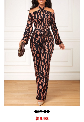 Geometric Print Cut Out Belted Dark Coffee Jumpsuit