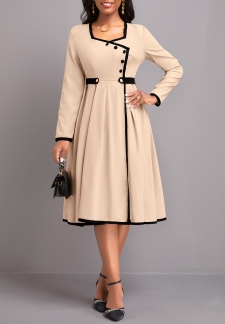 Light Camel Long Sleeve Contrast Binding Dress