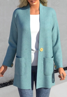 Button Peacock Blue Long Sleeve Cardigans