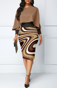 Light Coffee Round Neck Geometric Print Bodycon Dress