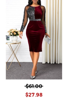 Sequin Detail Mesh Panel Back Slit Sheath Dress