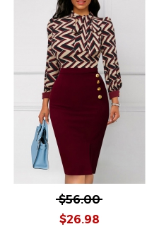 Striped Button Wine Red Tie Collar Bodycon Dress