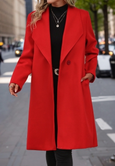 Button Red Long Sleeve Lapel Coat