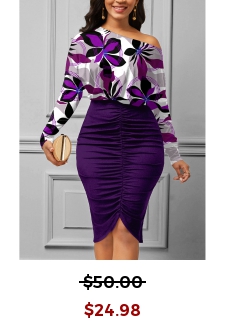 Shirred Floral Print Purple Bodycon Dress