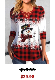 Snowman Print Criss Cross Red Long Sleeve T Shirt