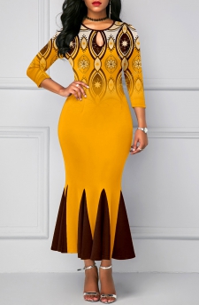 Tribal Print Mermaid Ginger Round Neck Bodycon Dress