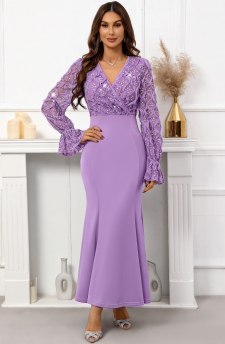 Sequin Purple Maxi Long Sleeve V Neck Bodycon Dress
